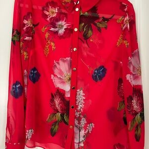 Ted Baker Red Floral Sheer Button-Down Shirt